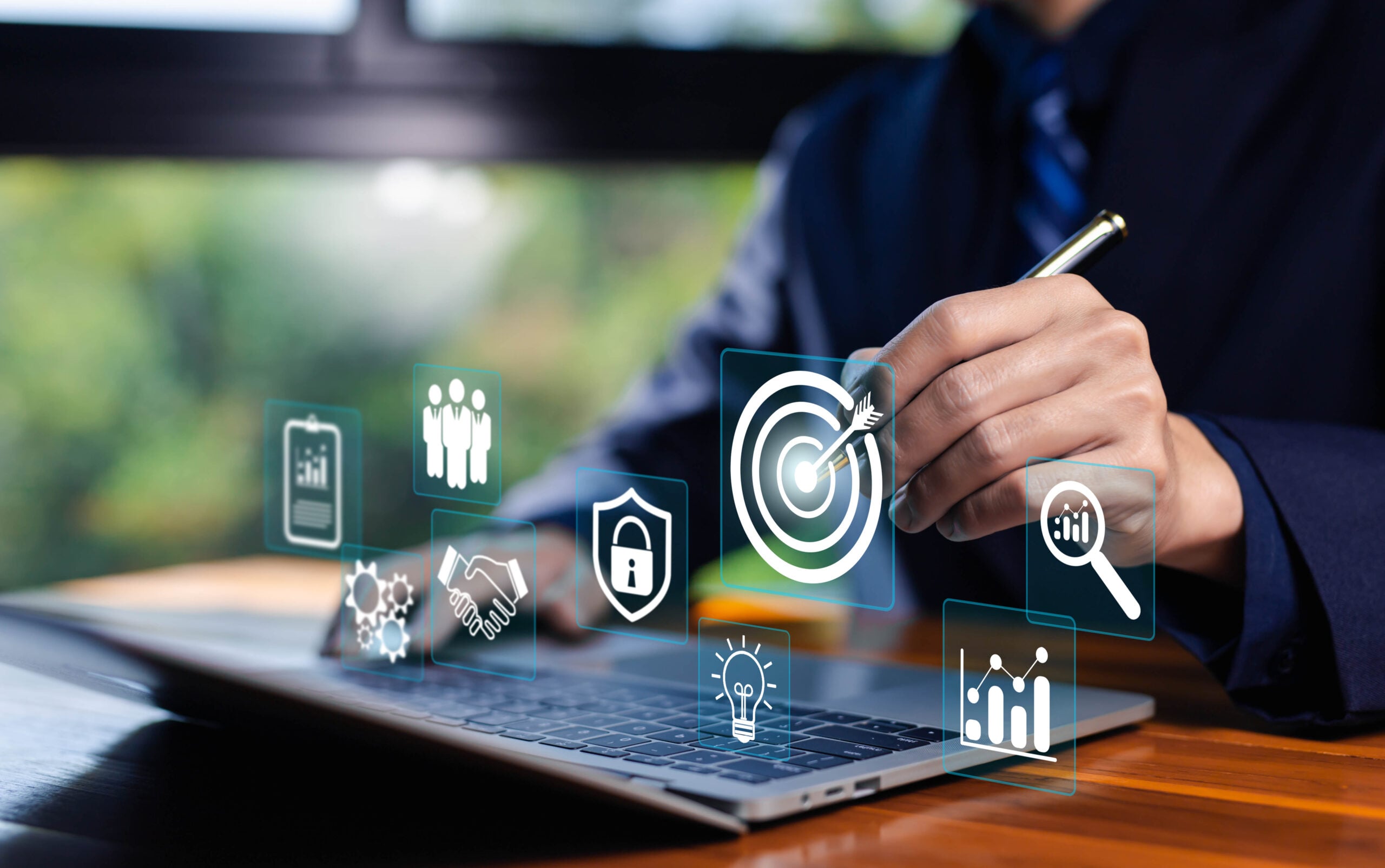 manager vision performance, target icon digital business growth. concept of business plan and focus goal strategy, corporate to achieve the purpose, grow of company, success invest objective